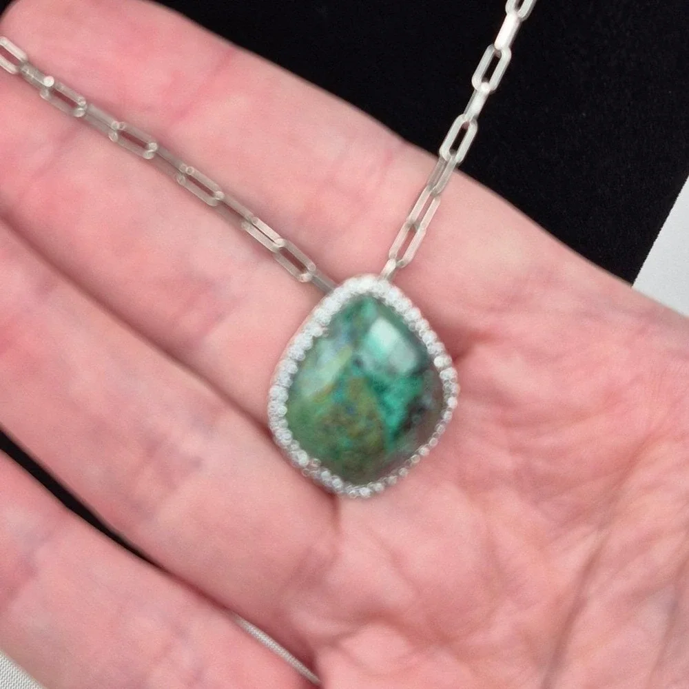 Sterling Silver Green Turquoise Pendant Necklace Removable Paper Clip 20